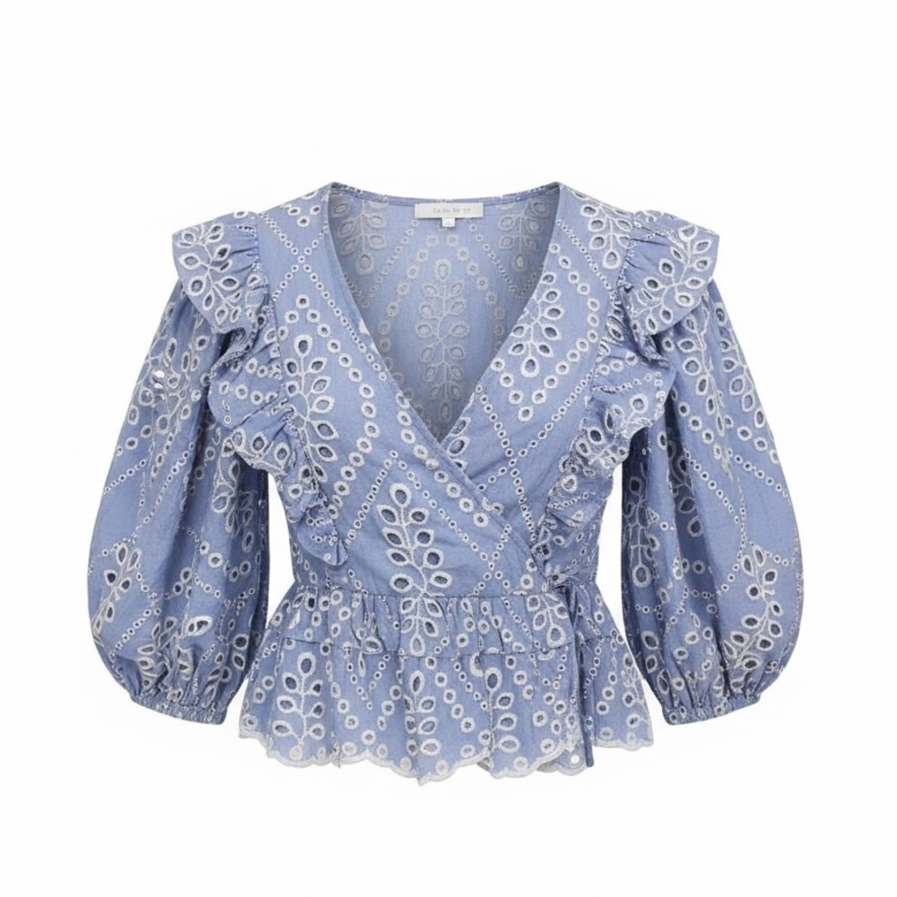 Blue and White Eyelet Ruffled Peplum Blouse
